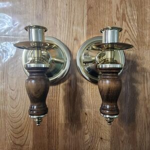 Vintage Home Interiors Set Of 2  Brass & Wood Wall Scones Candle Holders 7"